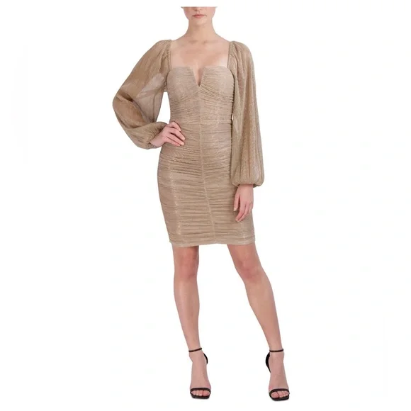 balloon sleeve ruched bodycon dress Orange Puff Sleeve Ruched Bodycon Dress M main image 1